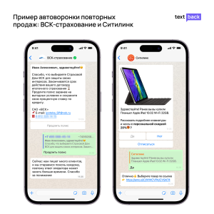 Автоворонки повторных продаж от ВСК и Ситилинк с предложениями продления полиса и допродажи аксессуаров.