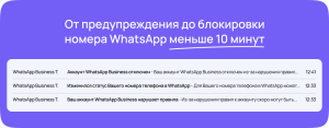 Скриншот уведомлений от WhatsApp Business о нарушениях и блокировке номера после массовой рассылки