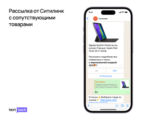  WhatsApp-рассылка Ситилинк с предложением аксессуаров к купленному iPad и персональной скидкой