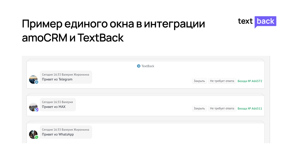 Пример единого окна в интеграции amoCRM и TextBack