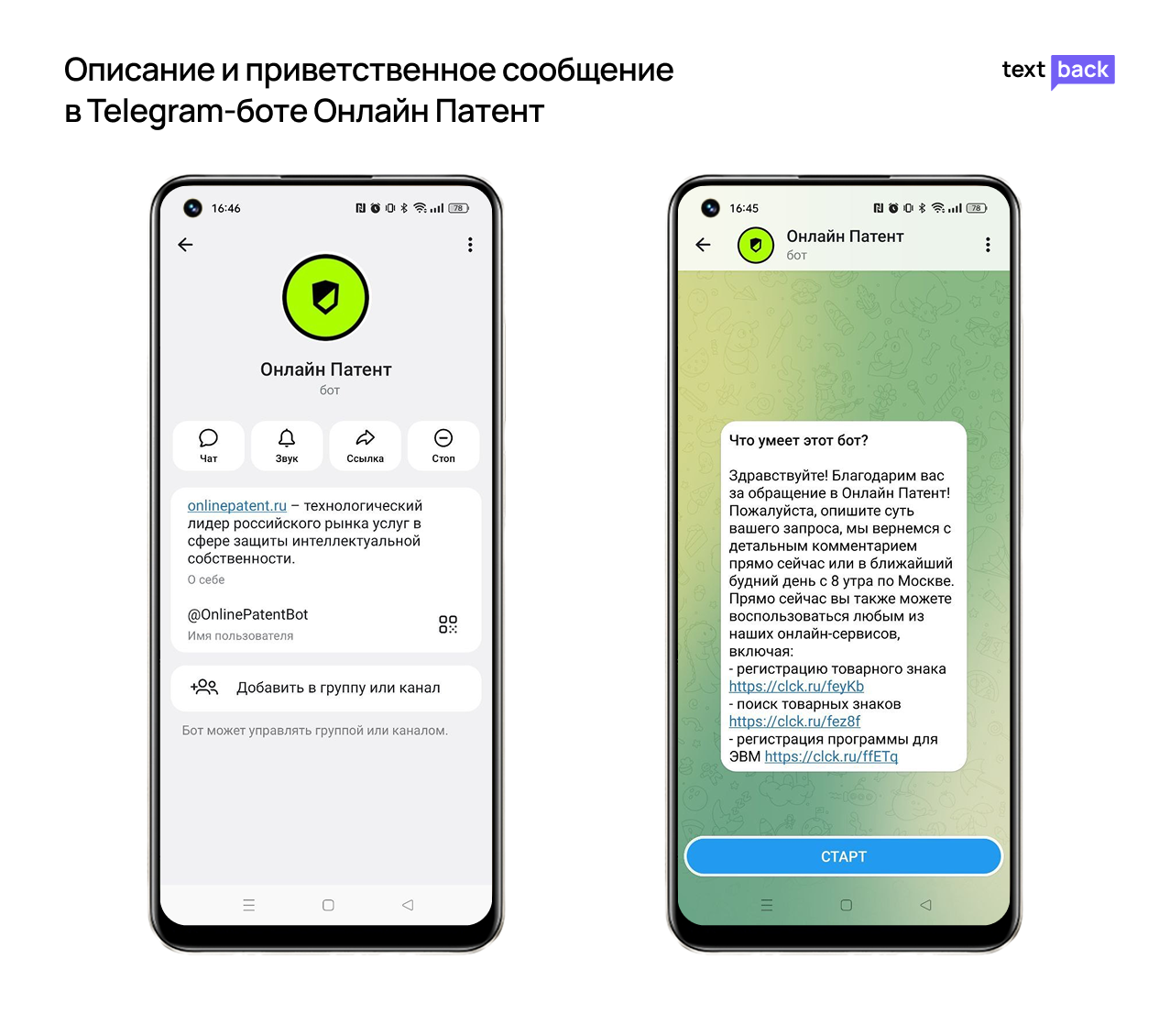 Описание и приветственное сообщение в Telegram-боте Онлайн Патент